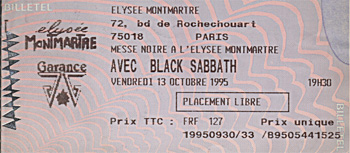 Billet de concert de Black Sabbath le vendredi 13 octobre 1995 à Paris